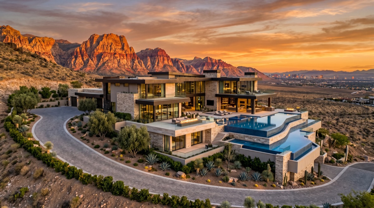 Luxury Las Vegas estate at twilight inside a 24/7 staffed guard-gated community